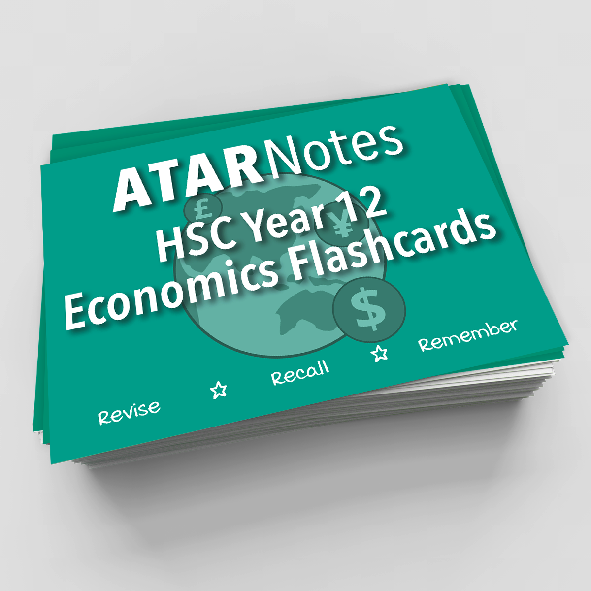 Green, stacked and angled flashcards for HSC Year 12 Economics by ATAR Notes, displaying currency symbols and study prompts.