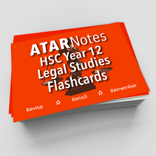 Bright orange flashcards from ATAR Notes displaying 'ATARNotes HSC Year 12 Legal Studies Flashcards' text, a Lady Justice icon, and 'Revise, Recall, Remember' with stars, stacked.