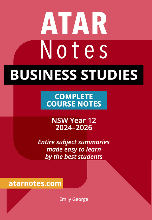 Business Studies Complete Course Notes by ATAR Notes, with a red and black cover and white text for NSW Year 12 2024-2026.