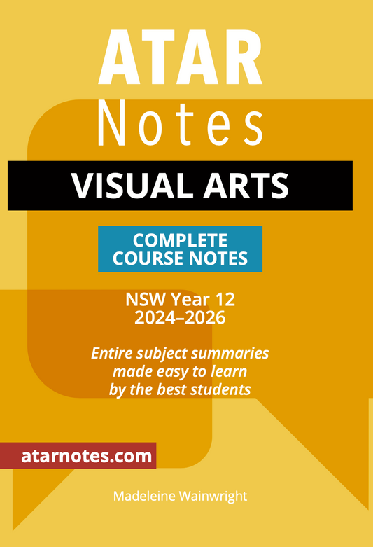 Yellow and orange Visual Arts Course Notes by ATAR Notes, with a prominent black 'Visual Arts' banner and teal 'Complete Course Notes' banner.