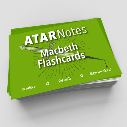 Green Macbeth Flashcards by ATAR Notes, stacked with a sword illustration and motivational study text on the cover.