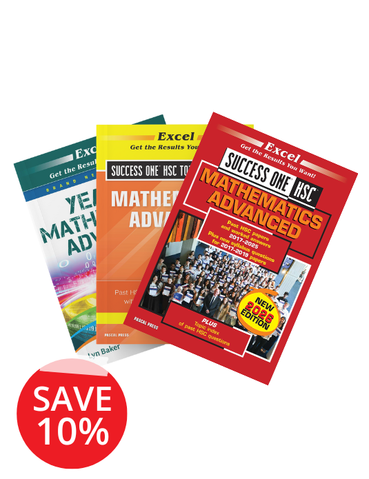 A pack of three HSC Year 12 Mathematics Advanced textbooks by Excel, fanned out in red, yellow, and green, with a "SAVE 10%" sticker.