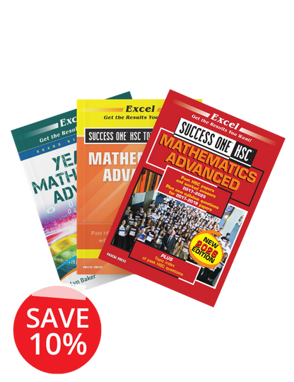 A pack of three HSC Year 12 Mathematics Advanced textbooks by Excel, fanned out in red, yellow, and green, with a "SAVE 10%" sticker.