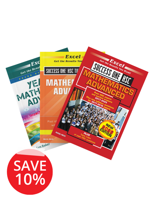 A pack of three HSC Year 12 Mathematics Advanced textbooks by Excel, fanned out in red, yellow, and green, with a "SAVE 10%" sticker.