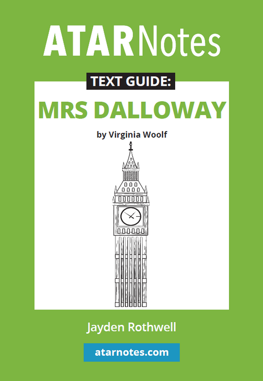 Green and white Text Guide by ATARNotes for 'Mrs Dalloway' with a black and white illustration of Big Ben.