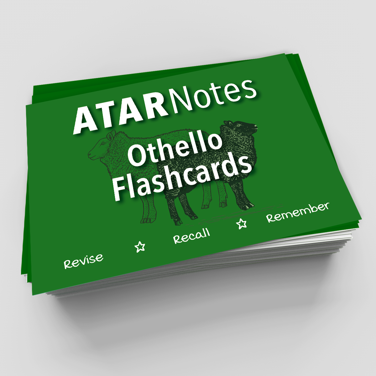 Green Othello flashcards by ATAR Notes, stacked with two sheep and "Revise Recall Remember" text.