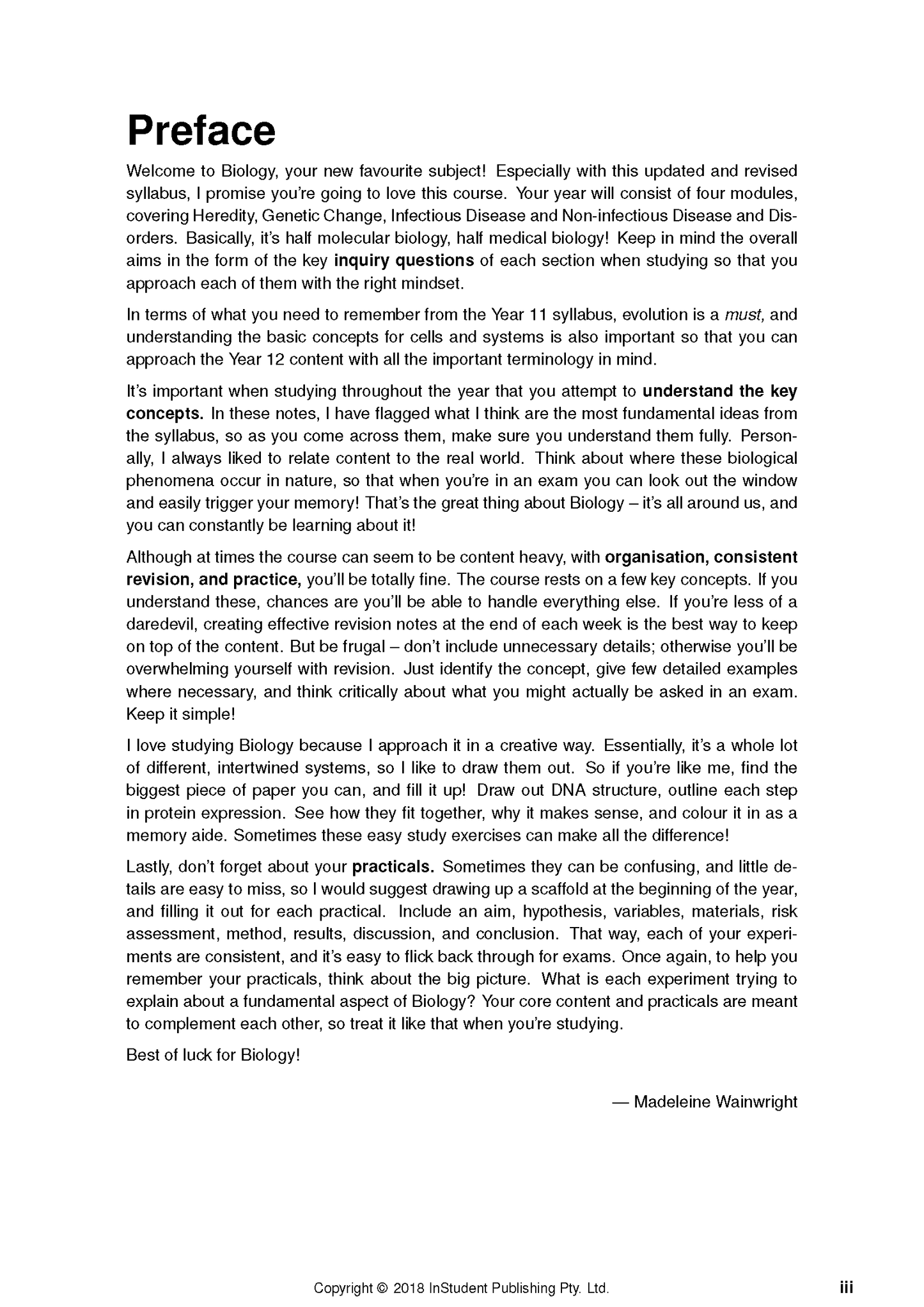 HSC Year 12 Biology Course Notes by ATAR Notes, displaying a page titled 'Preface' with paragraphs of text content.