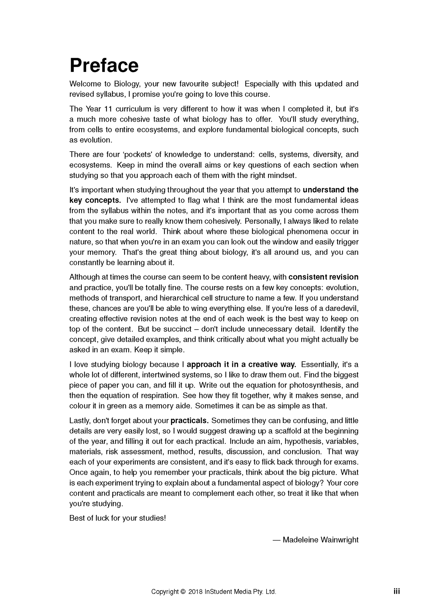 Year 11 Biology Course Notes by ATAR Notes, displaying a white page with black text from the 'Preface', signed by Madeleine Wainwright.