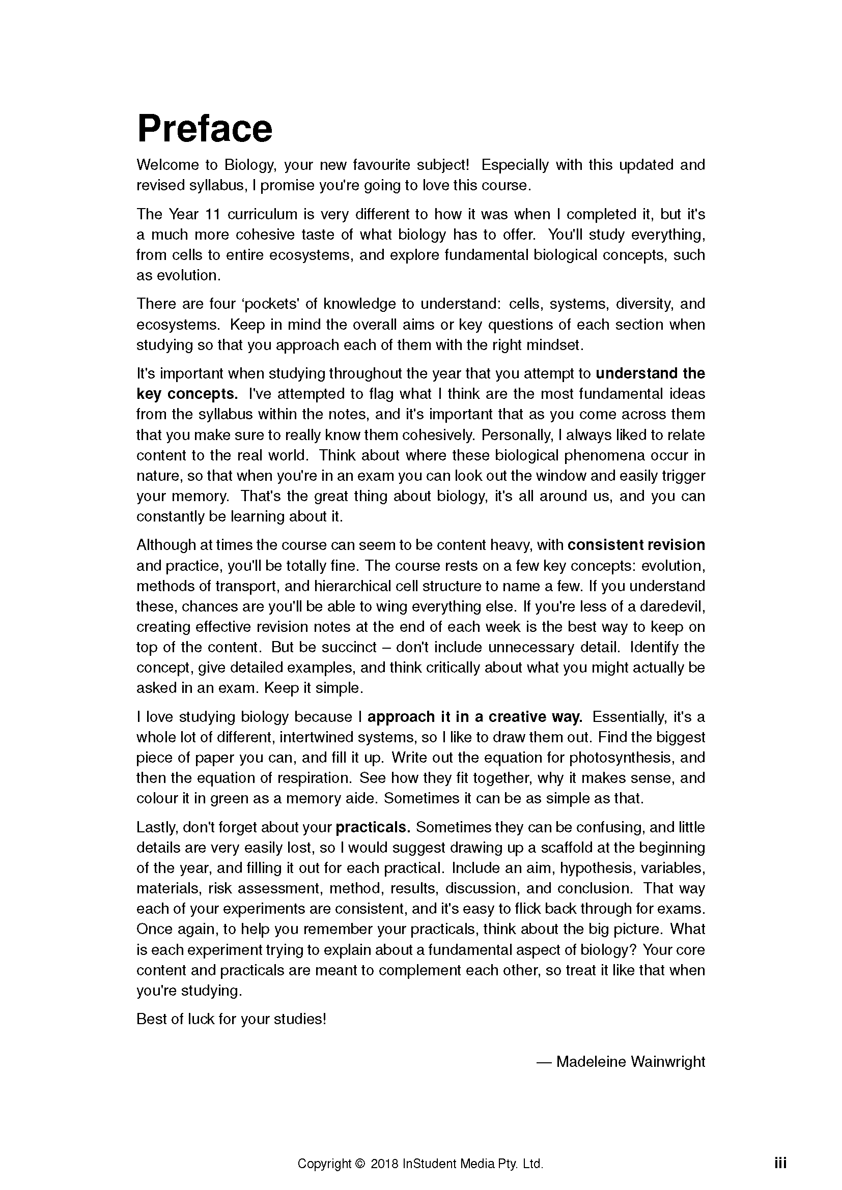Year 11 Biology Course Notes by ATAR Notes, displaying a white page with black text from the 'Preface', signed by Madeleine Wainwright.