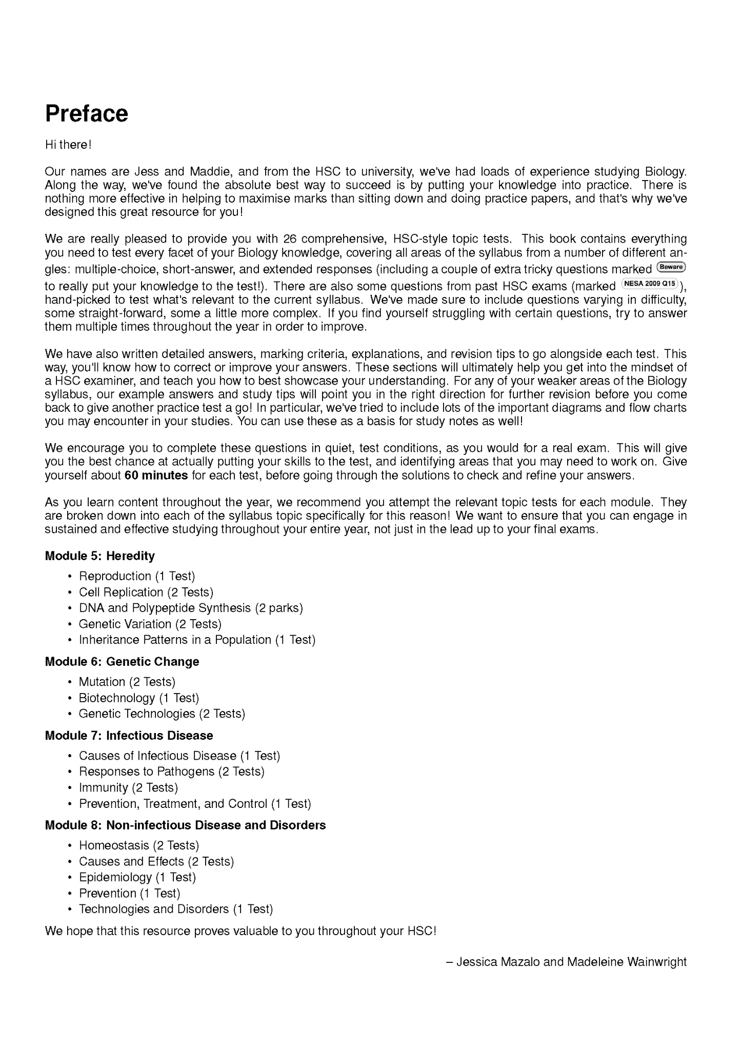 Biology Topic Tests by ATAR Notes, a white document page showing a preface and modules for Heredity, Genetic Change, and Infectious Disease.