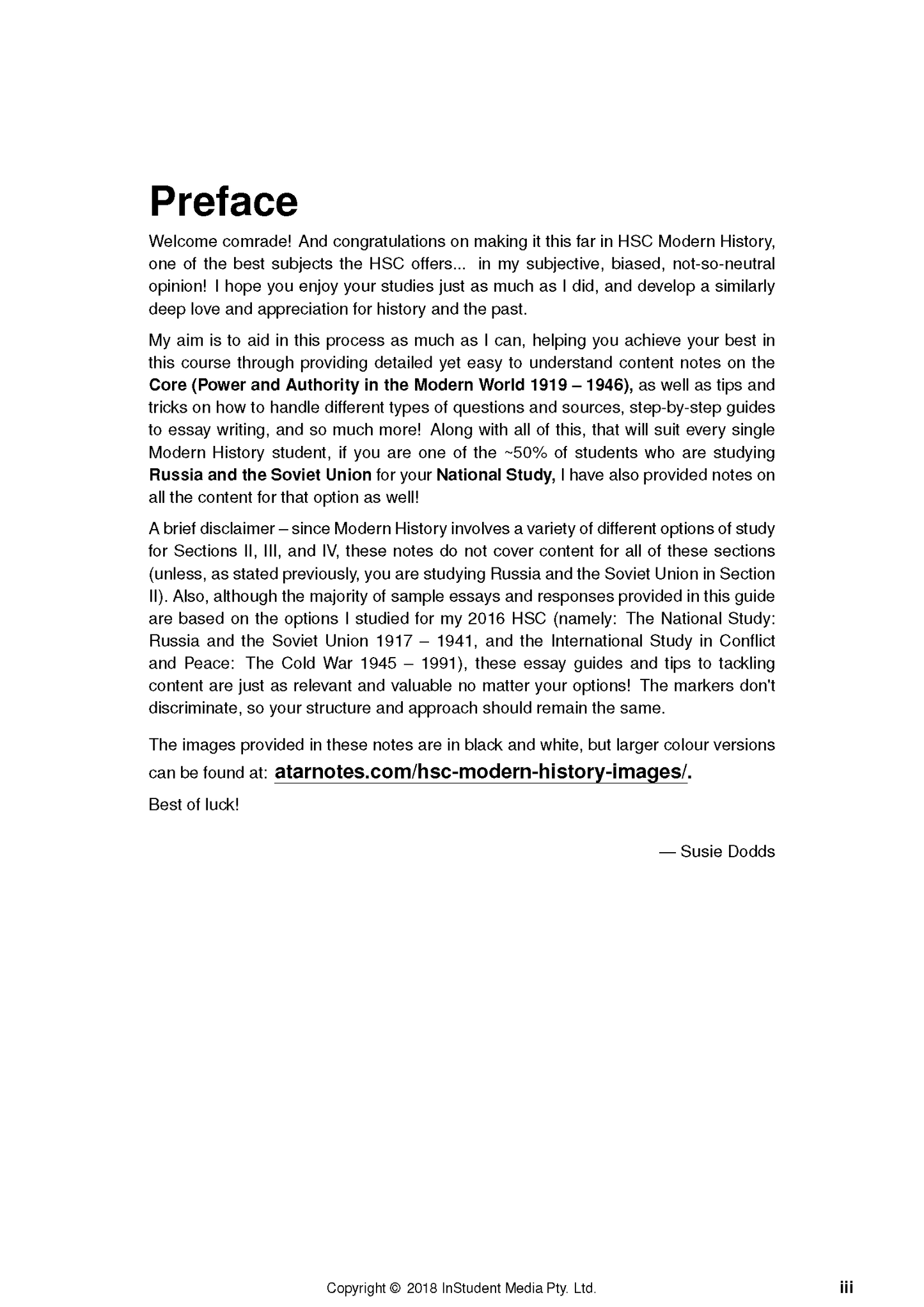 HSC Year 12 Modern History Complete Course Notes by ATAR Notes, displaying the preface page with black text on white paper.