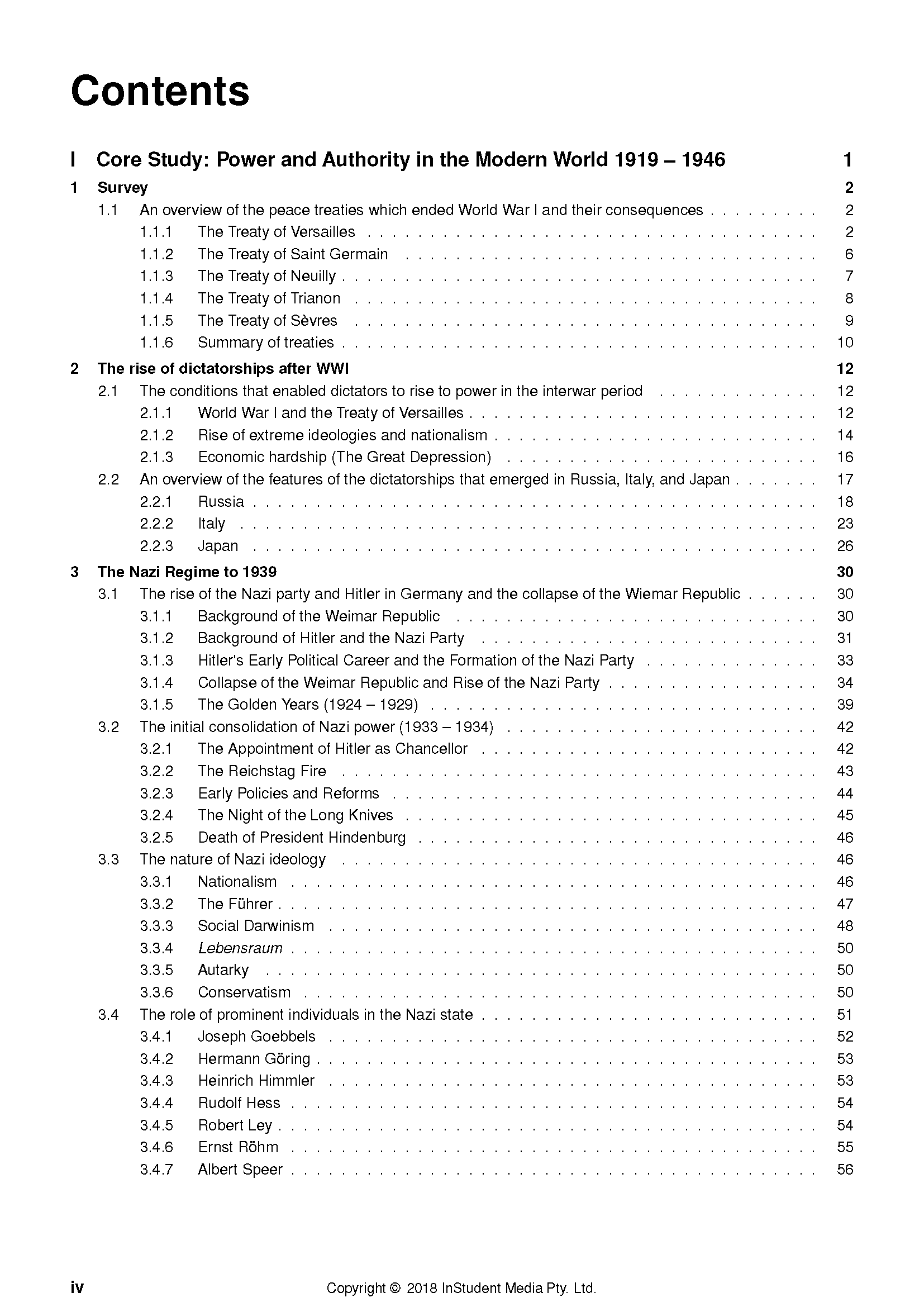 HSC Year 12 Modern History Course Notes book by ATAR Notes, displaying its detailed table of contents page.