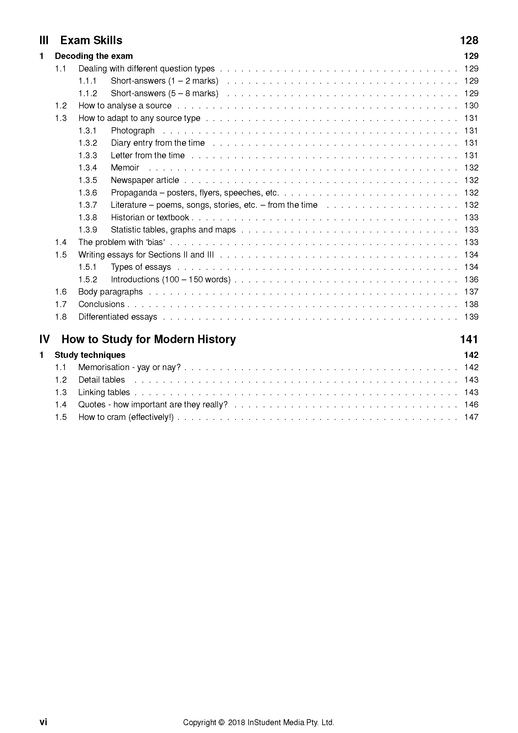 Course Notes by ATAR Notes displaying a table of contents page with exam skills and modern history study techniques.