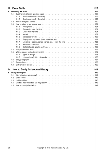 Course Notes by ATAR Notes displaying a table of contents page with exam skills and modern history study techniques.