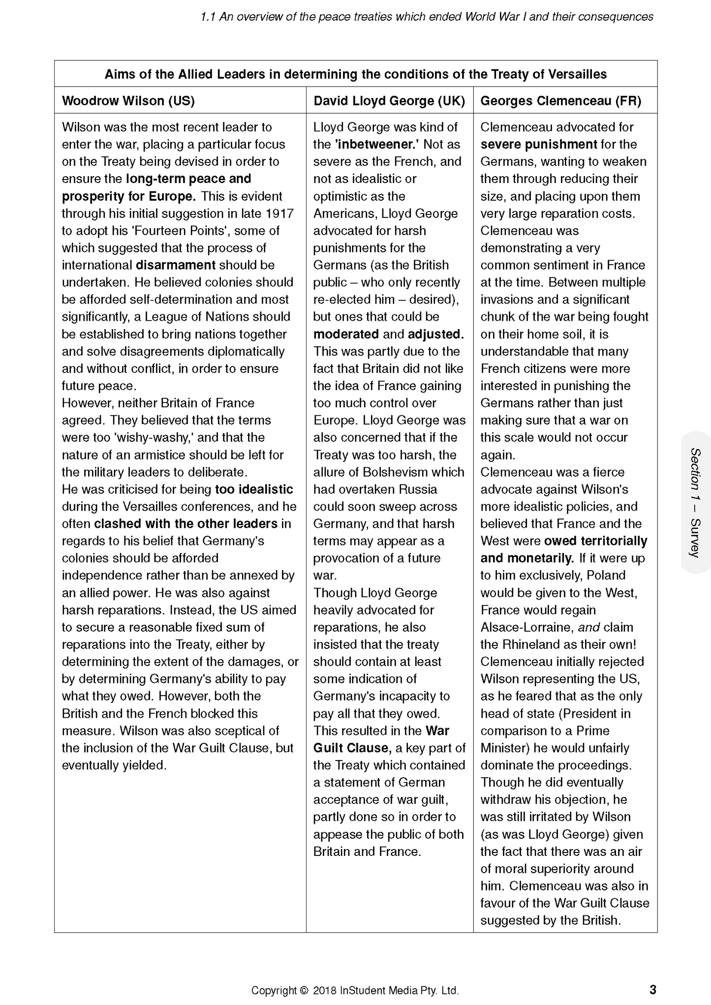 Page from course notes by ATAR Notes, featuring a table comparing WWI Allied leaders' aims for the Treaty of Versailles.