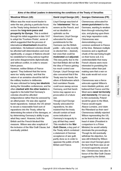 Page from course notes by ATAR Notes, featuring a table comparing WWI Allied leaders' aims for the Treaty of Versailles.