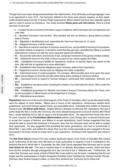 A page from HSC Year 12 Modern History Complete Course Notes by ATAR Notes, detailing World War I peace treaties, reparations, and the War Guilt Clause.