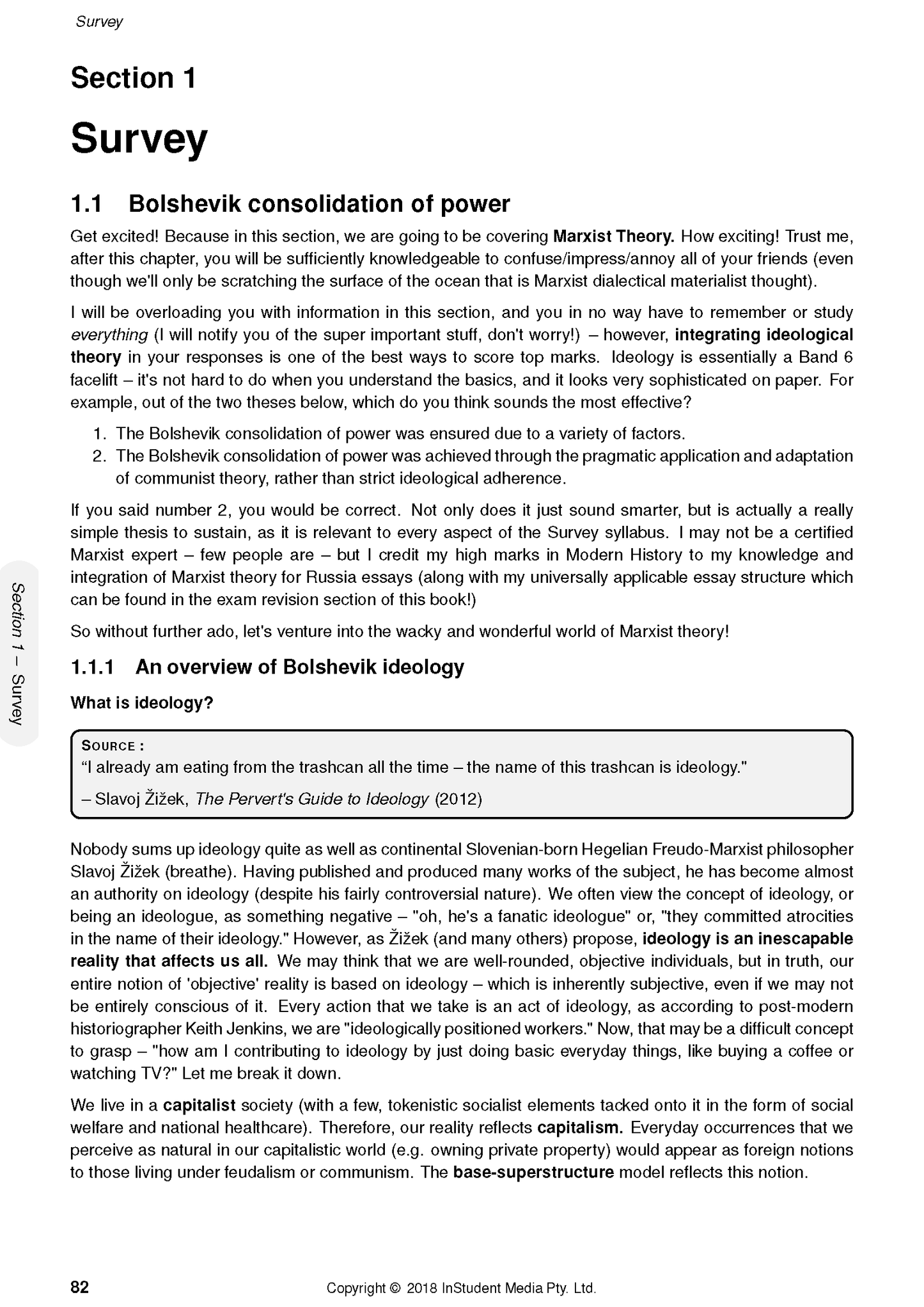 Open page from HSC Year 12 Modern History Complete Course Notes by ATAR Notes, featuring content on Bolshevik ideology and a source quote.