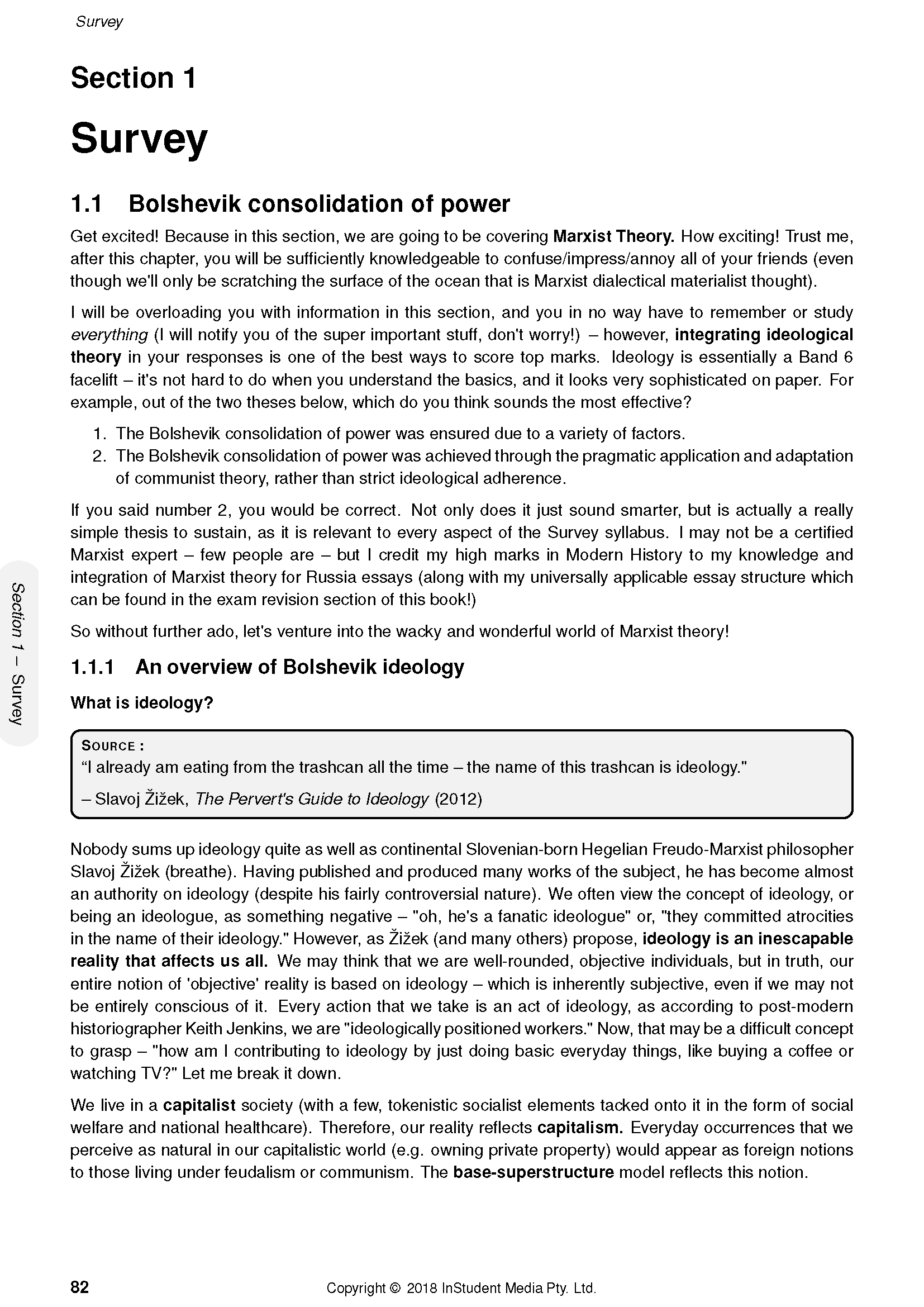 Open page from HSC Year 12 Modern History Complete Course Notes by ATAR Notes, featuring content on Bolshevik ideology and a source quote.