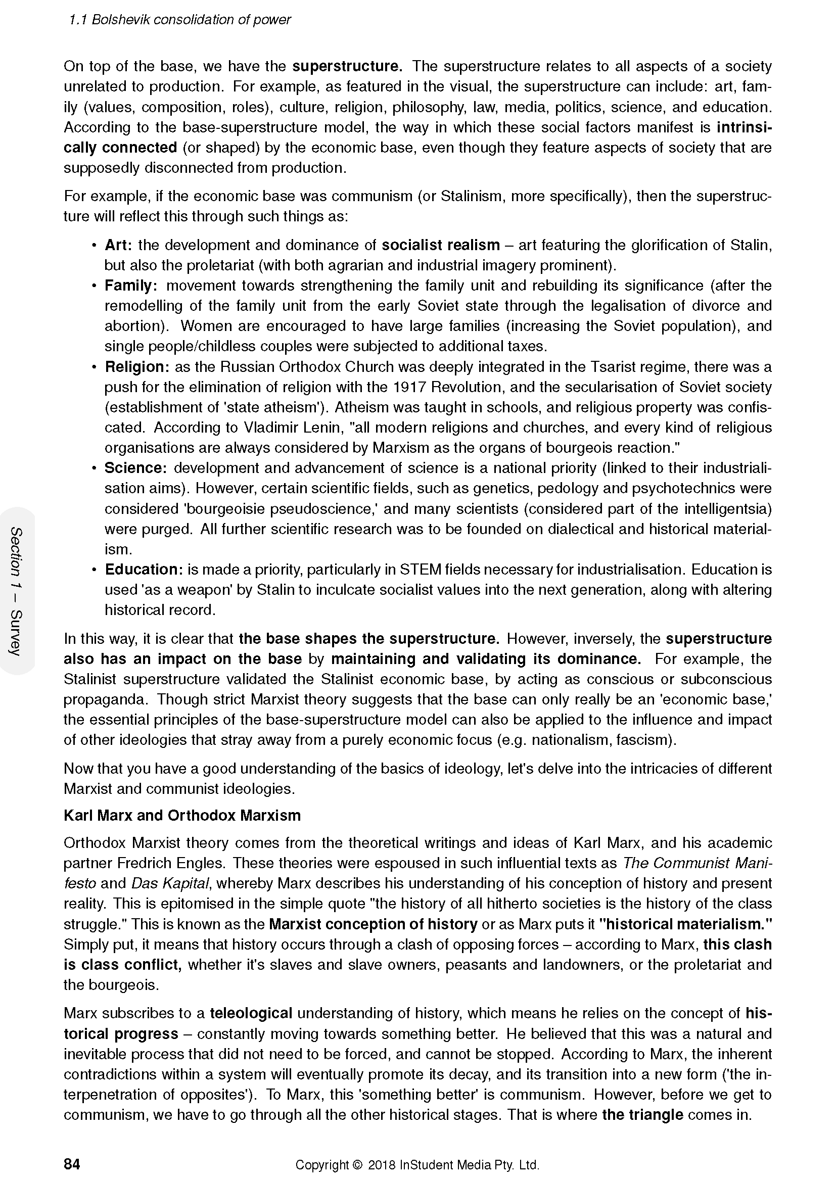 Modern History Course Notes page by ATAR Notes, displaying text on Bolshevik consolidation of power and Marxist theory, with visible page number 84.