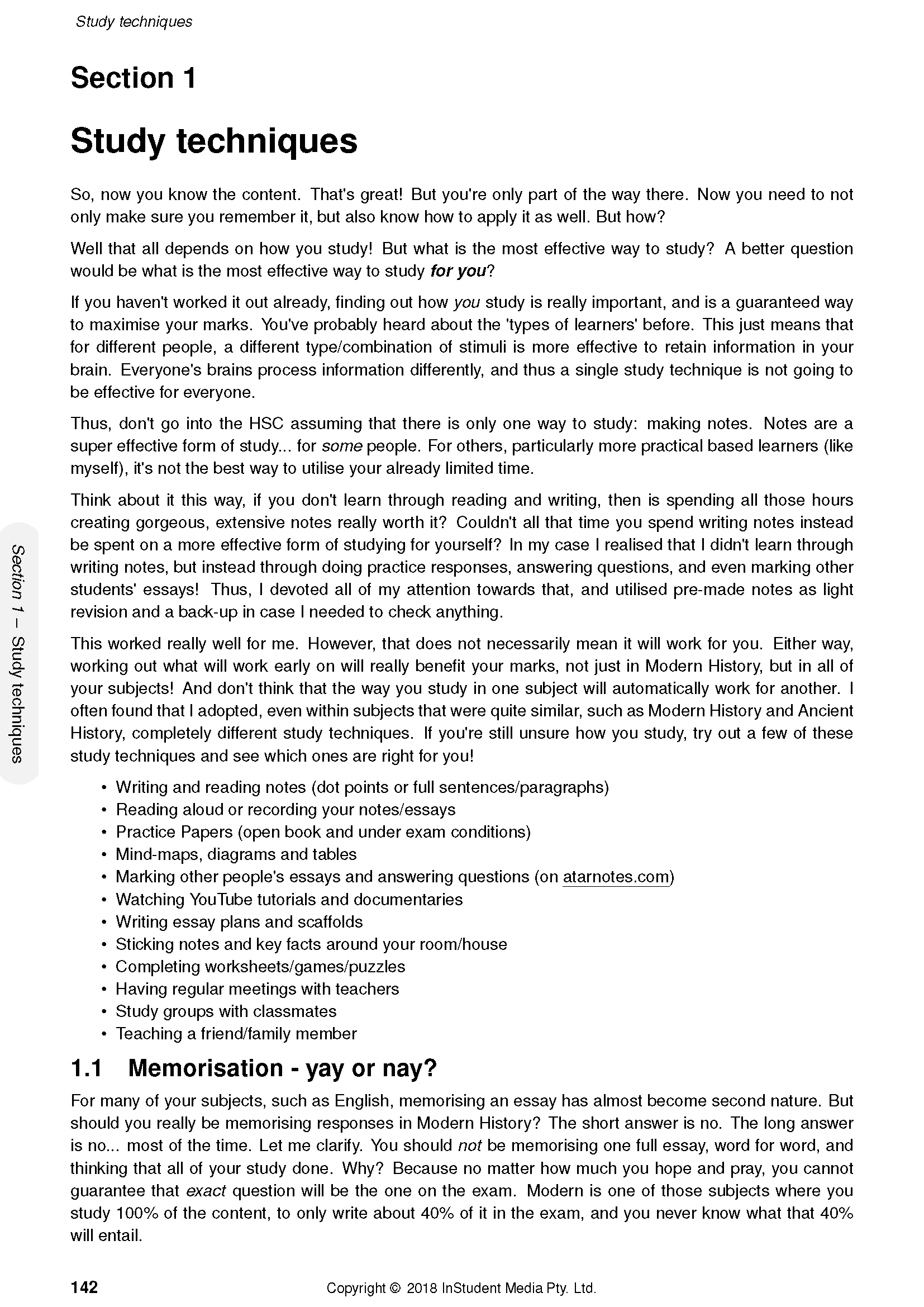 White course notes page by ATAR Notes displaying study techniques, headings, bullet points, and a gray sidebar.
