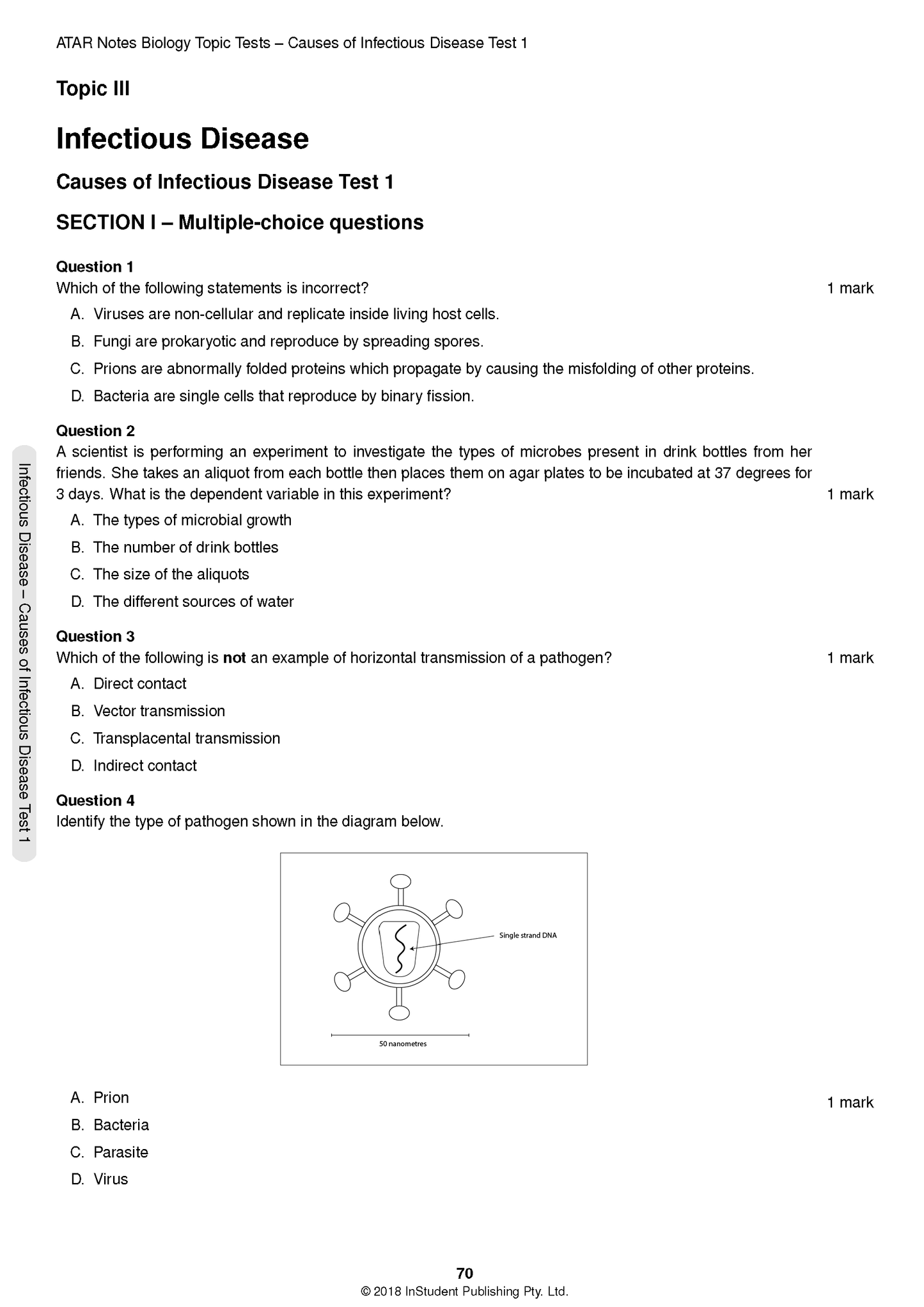 HSC Year 12 Biology Topic Tests page by ATAR Notes, featuring multiple-choice questions on infectious diseases with a virus diagram.
