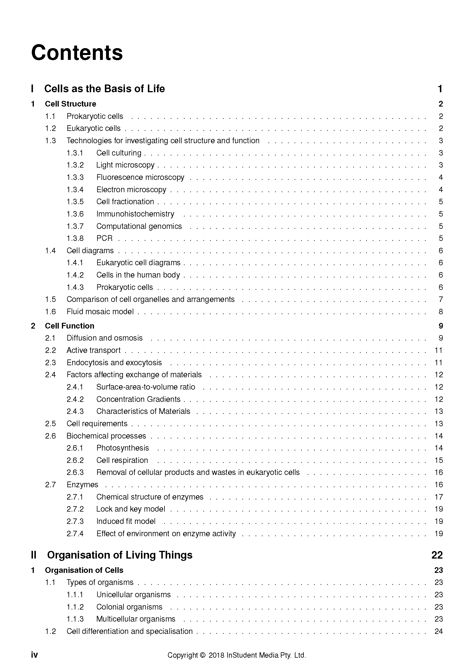 HSC Year 11 Biology Course Notes by ATAR Notes, displaying contents page featuring cell biology.