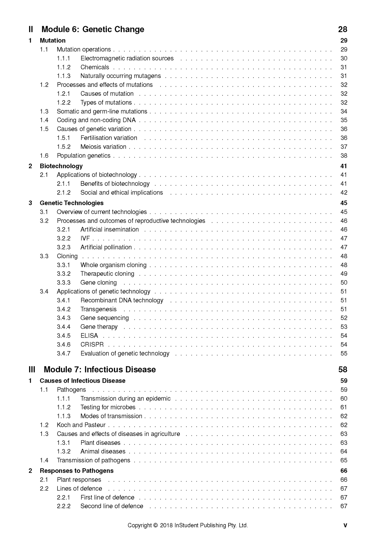 Biology course notes page by ATAR Notes, displaying a detailed table of contents with topics on genetic change and infectious disease.