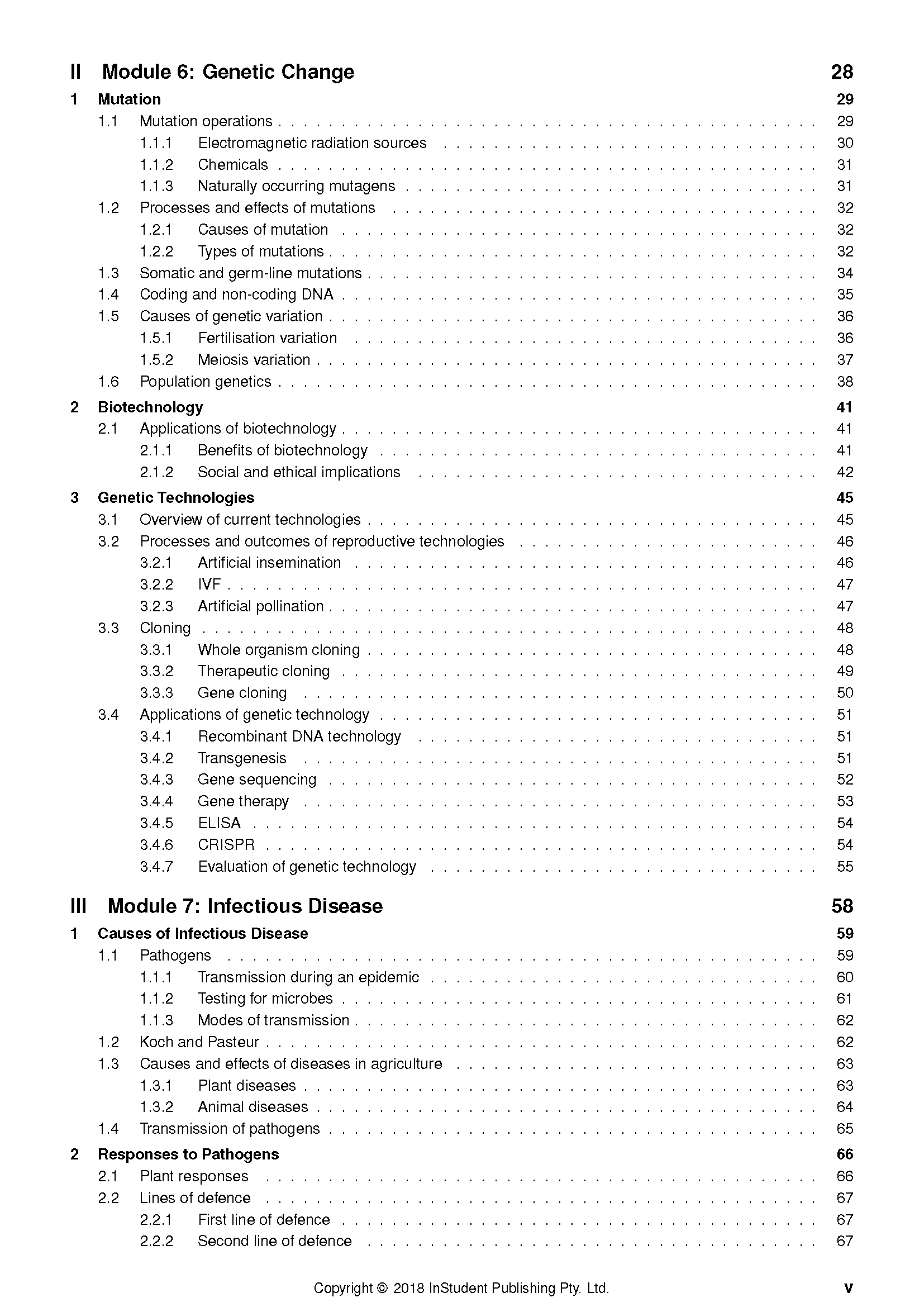 Biology course notes page by ATAR Notes, displaying a detailed table of contents with topics on genetic change and infectious disease.
