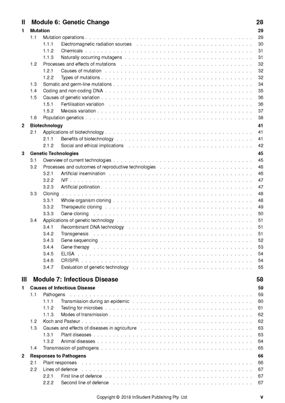 Biology course notes page by ATAR Notes, displaying a detailed table of contents with topics on genetic change and infectious disease.