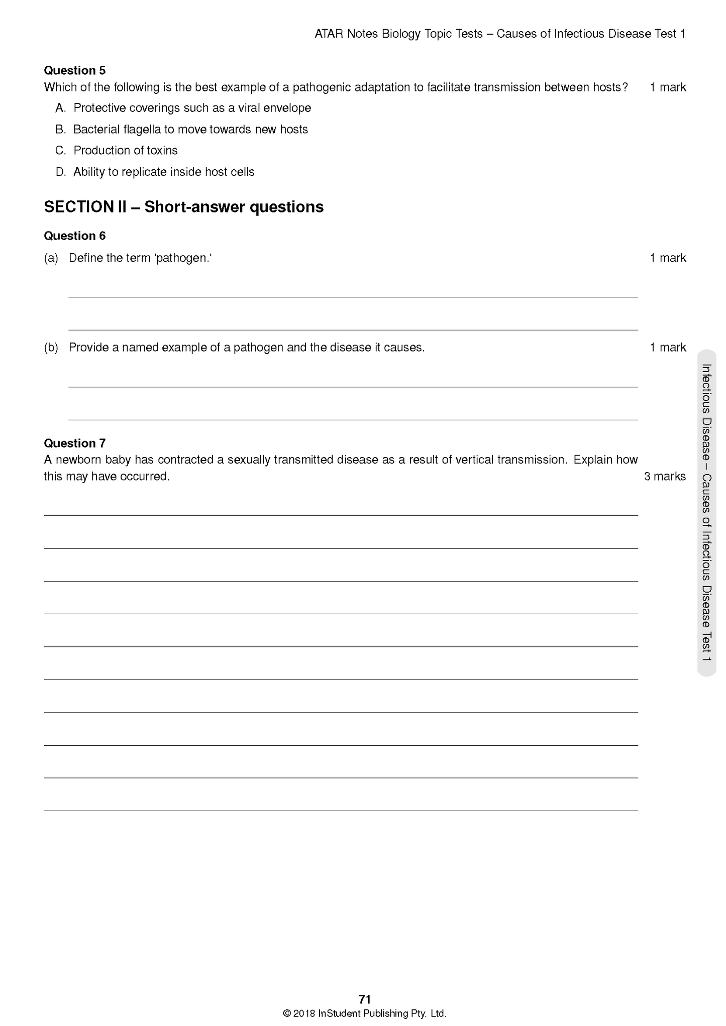 HSC Year 12 Biology Topic Tests by ATAR Notes showing a white test page with questions and page number 71.