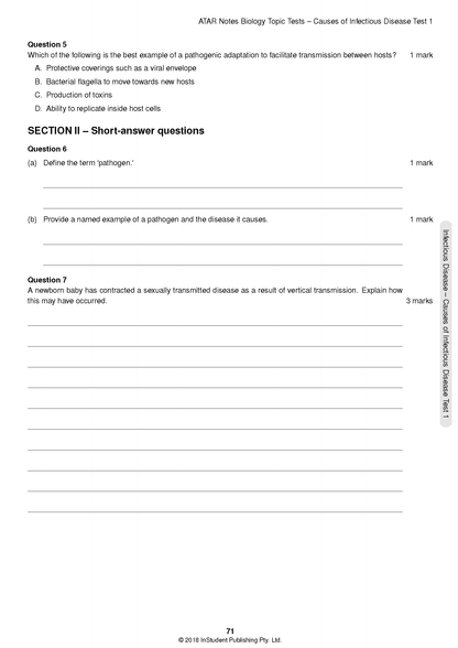 HSC Year 12 Biology Topic Tests by ATAR Notes showing a white test page with questions and page number 71.