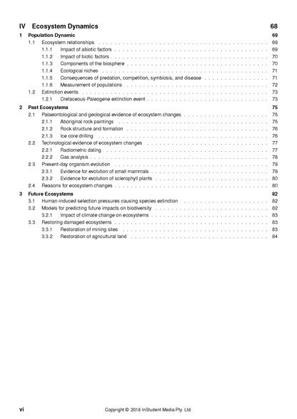 Course Notes by ATAR Notes, featuring a table of contents page with sections on "Ecosystem Dynamics" and a copyright notice.