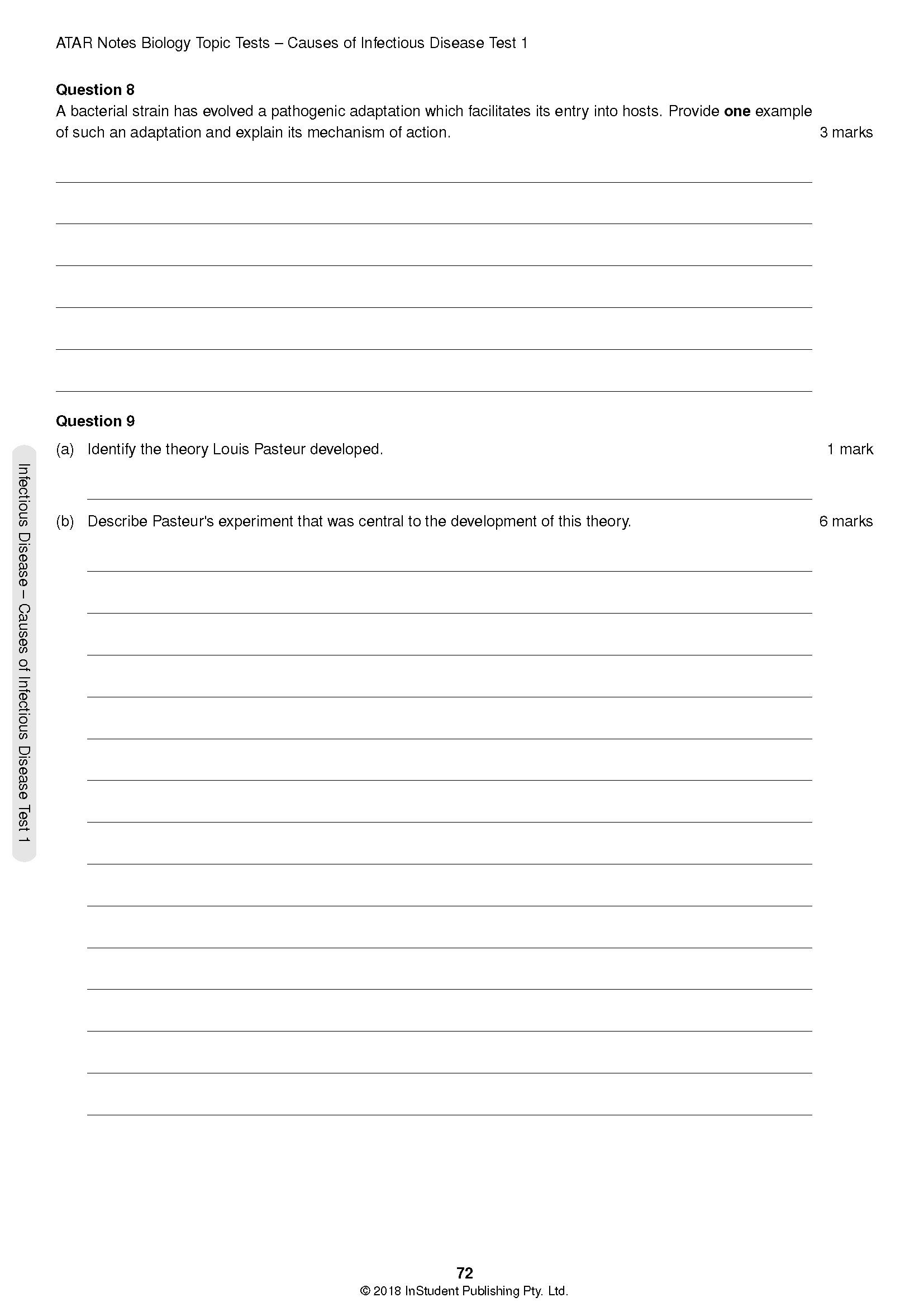 White page from a Biology Topic Test by ATAR Notes, displaying questions about infectious diseases and blank answer lines.