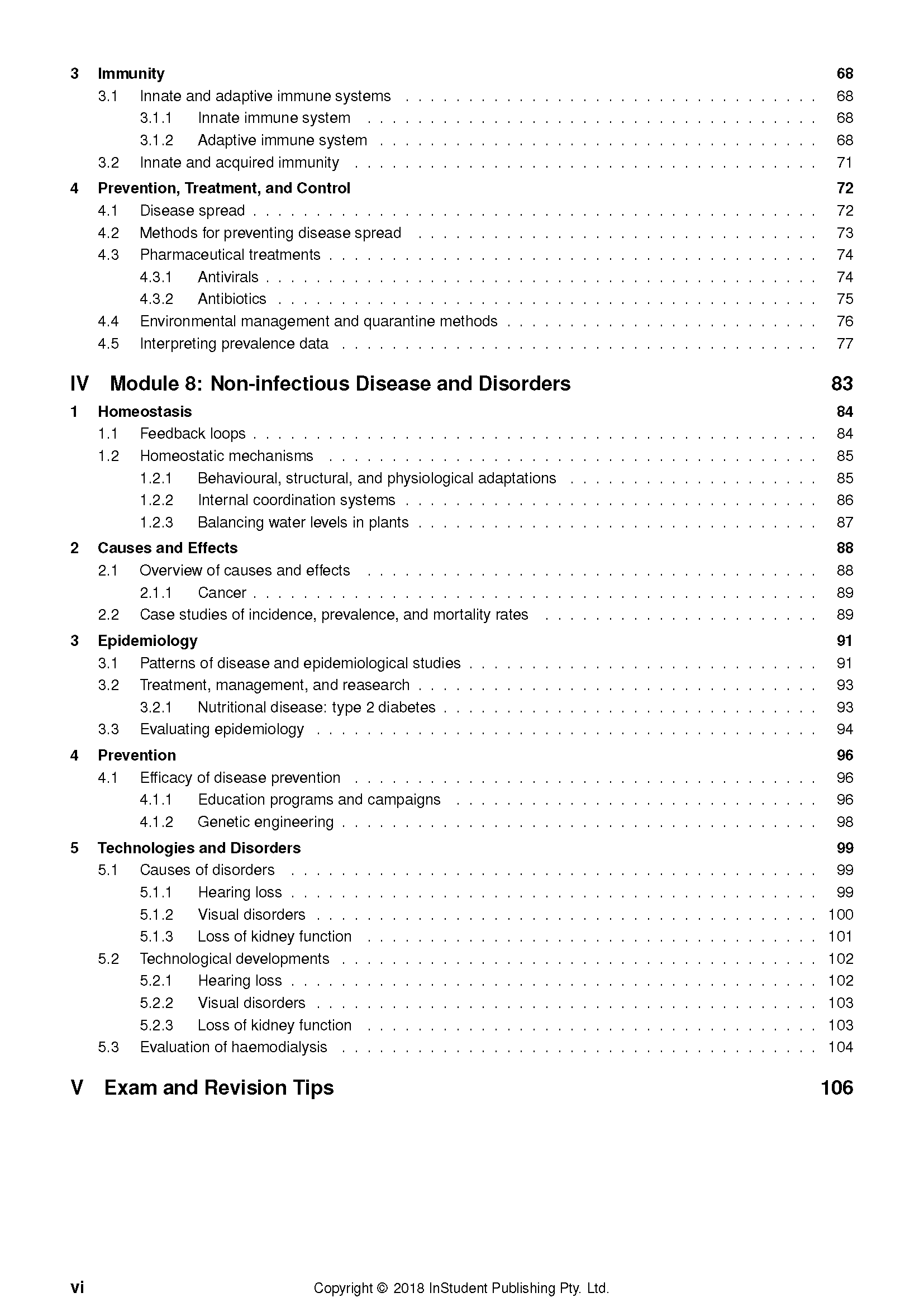 HSC Year 12 Biology Complete Course Notes by ATAR Notes, displaying a table of contents page with sections and page numbers.