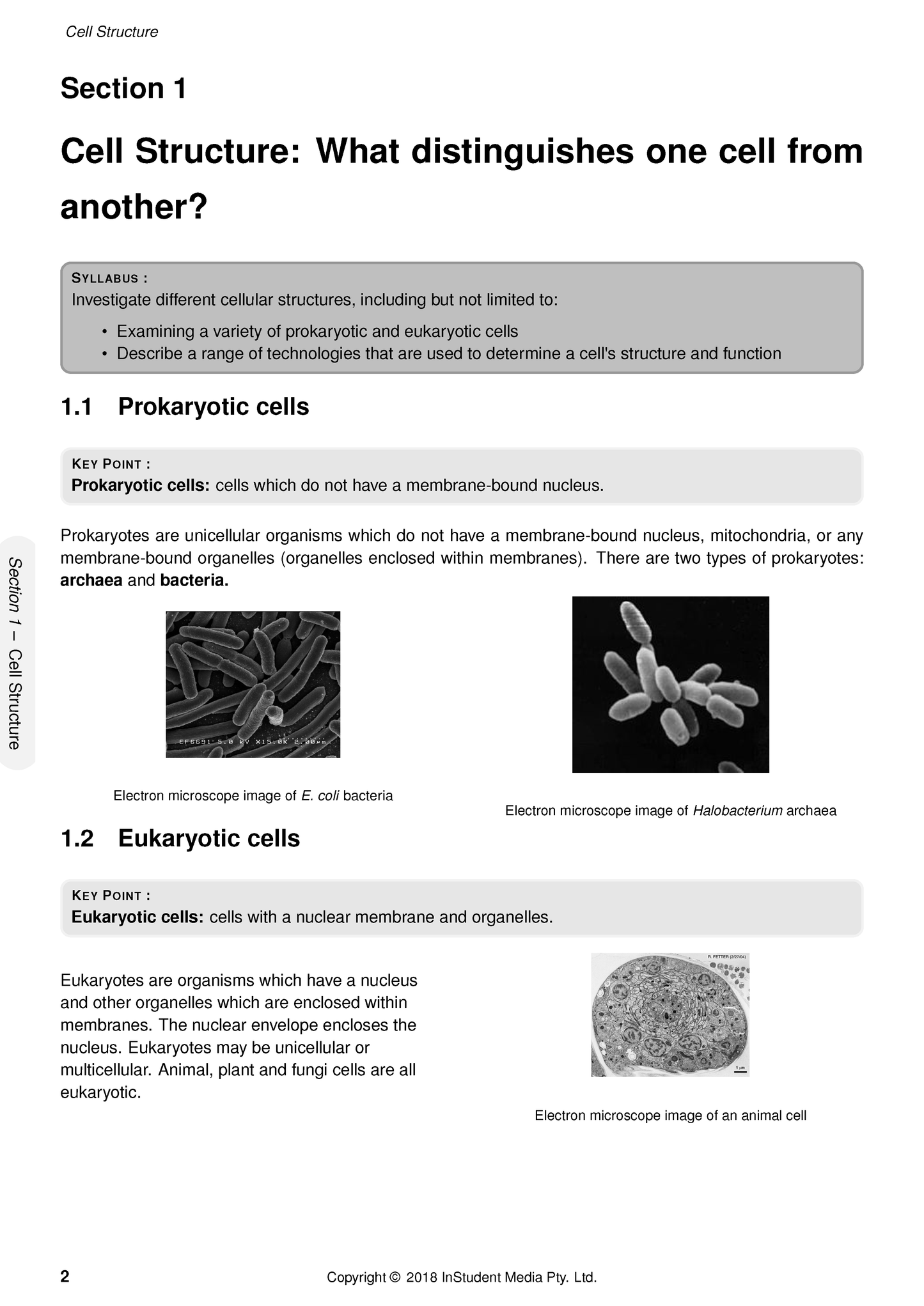 Biology Course Notes by ATAR Notes displaying a page about cell structure with text, key points, and electron microscope images of prokaryotic and eukaryotic cells.