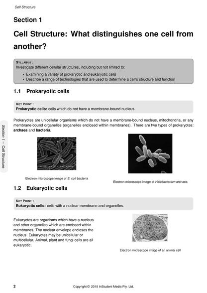 Biology Course Notes by ATAR Notes displaying a page about cell structure with text, key points, and electron microscope images of prokaryotic and eukaryotic cells.