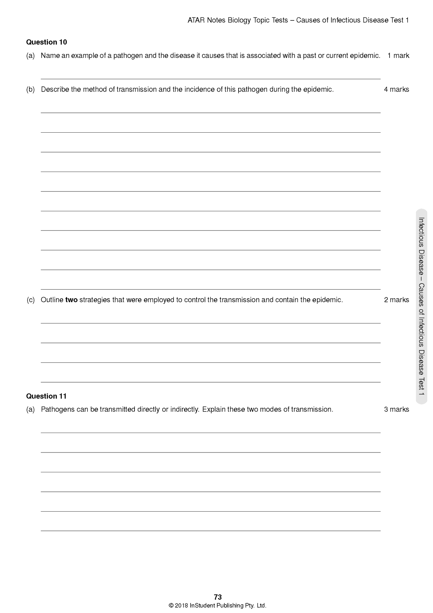 White page of Biology Topic Tests by ATAR Notes, showing questions 10 and 11 with answer lines, page 73.