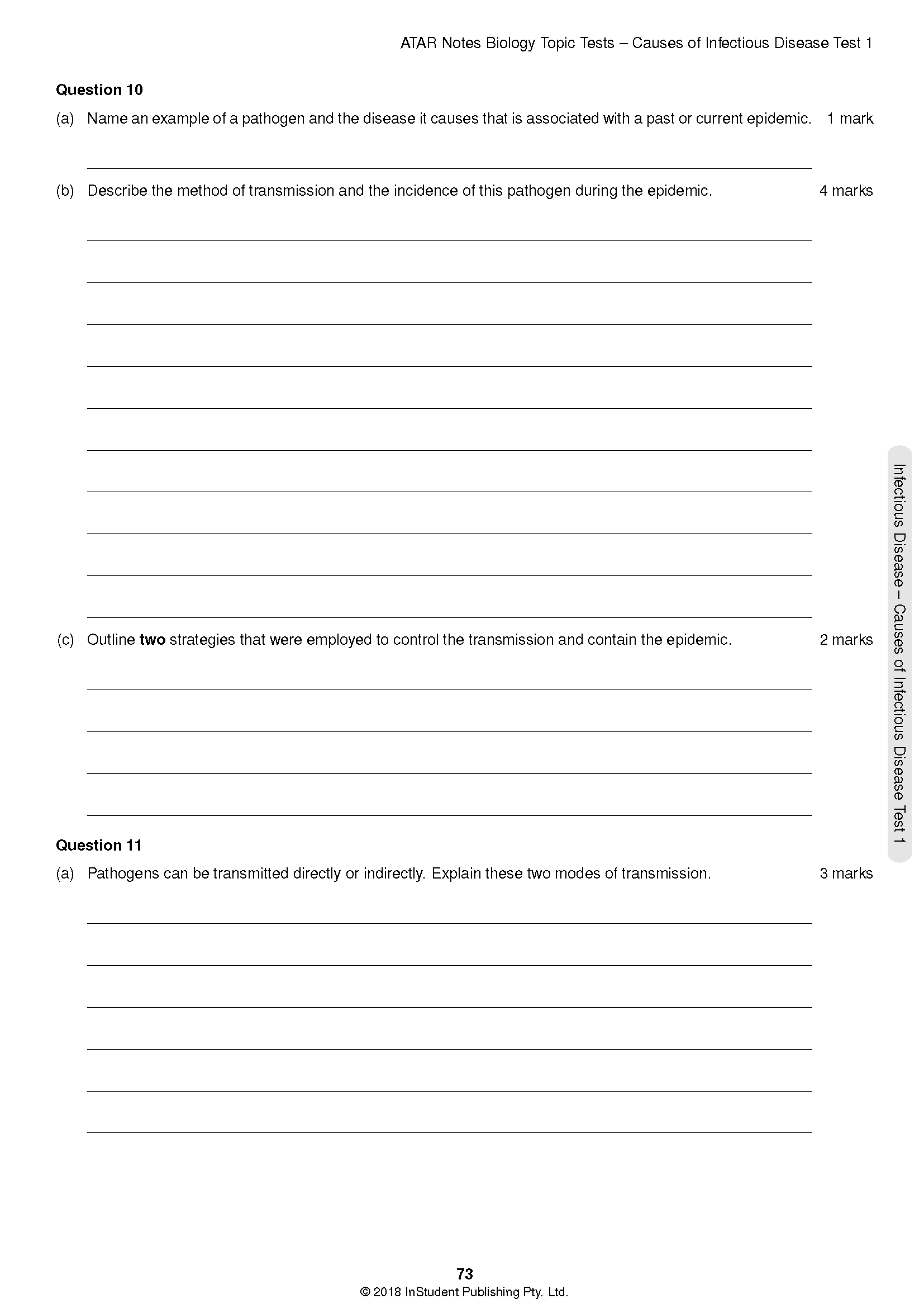 White page of Biology Topic Tests by ATAR Notes, showing questions 10 and 11 with answer lines, page 73.