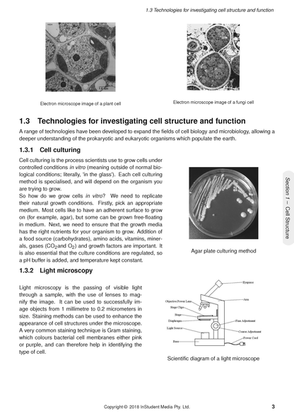 Biology Course Notes from ATAR Notes displaying diagrams of cell structures, culturing methods, and a light microscope.