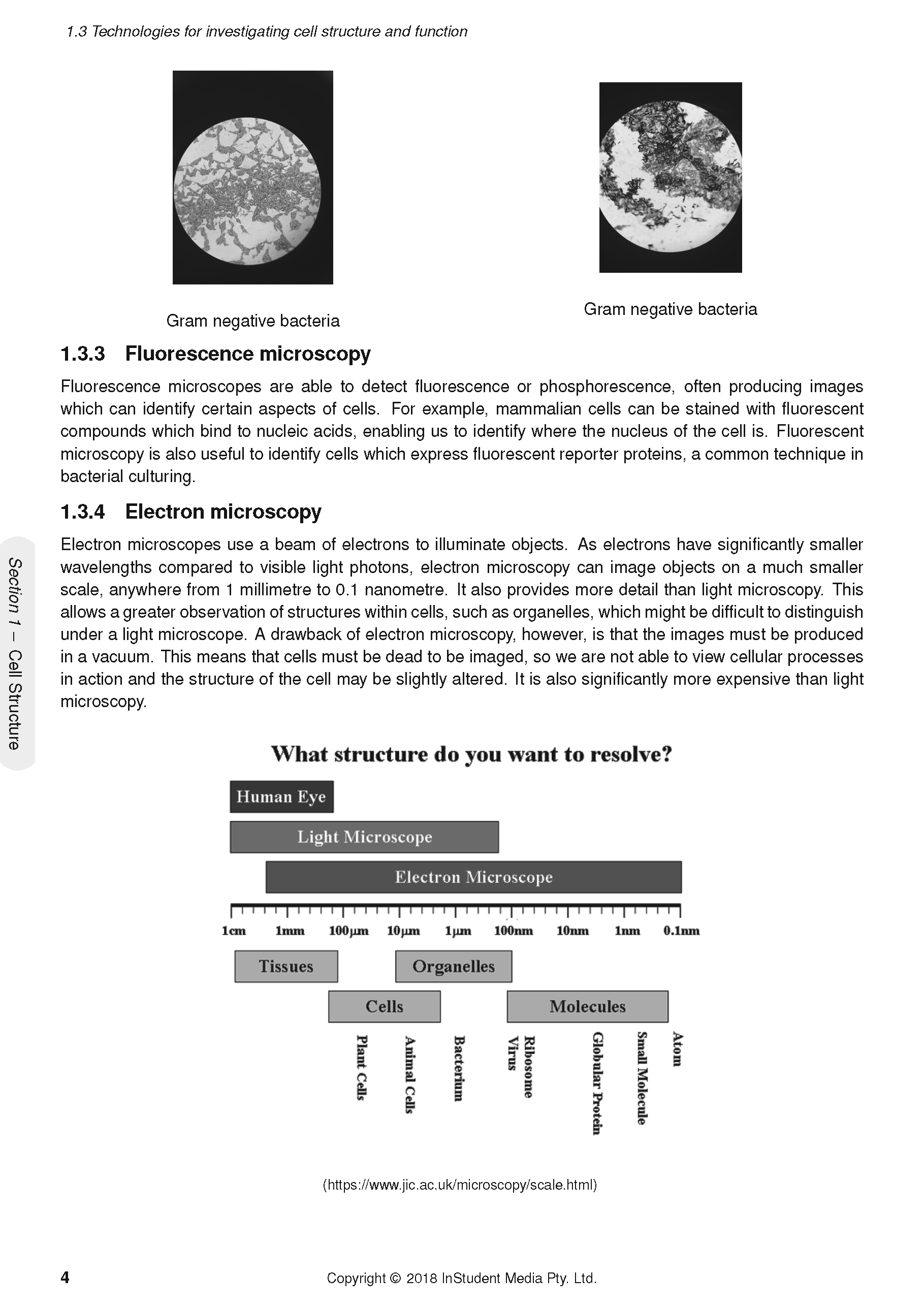 Biology course notes page by ATAR Notes, displaying text on microscopy and a cellular resolution scale diagram.