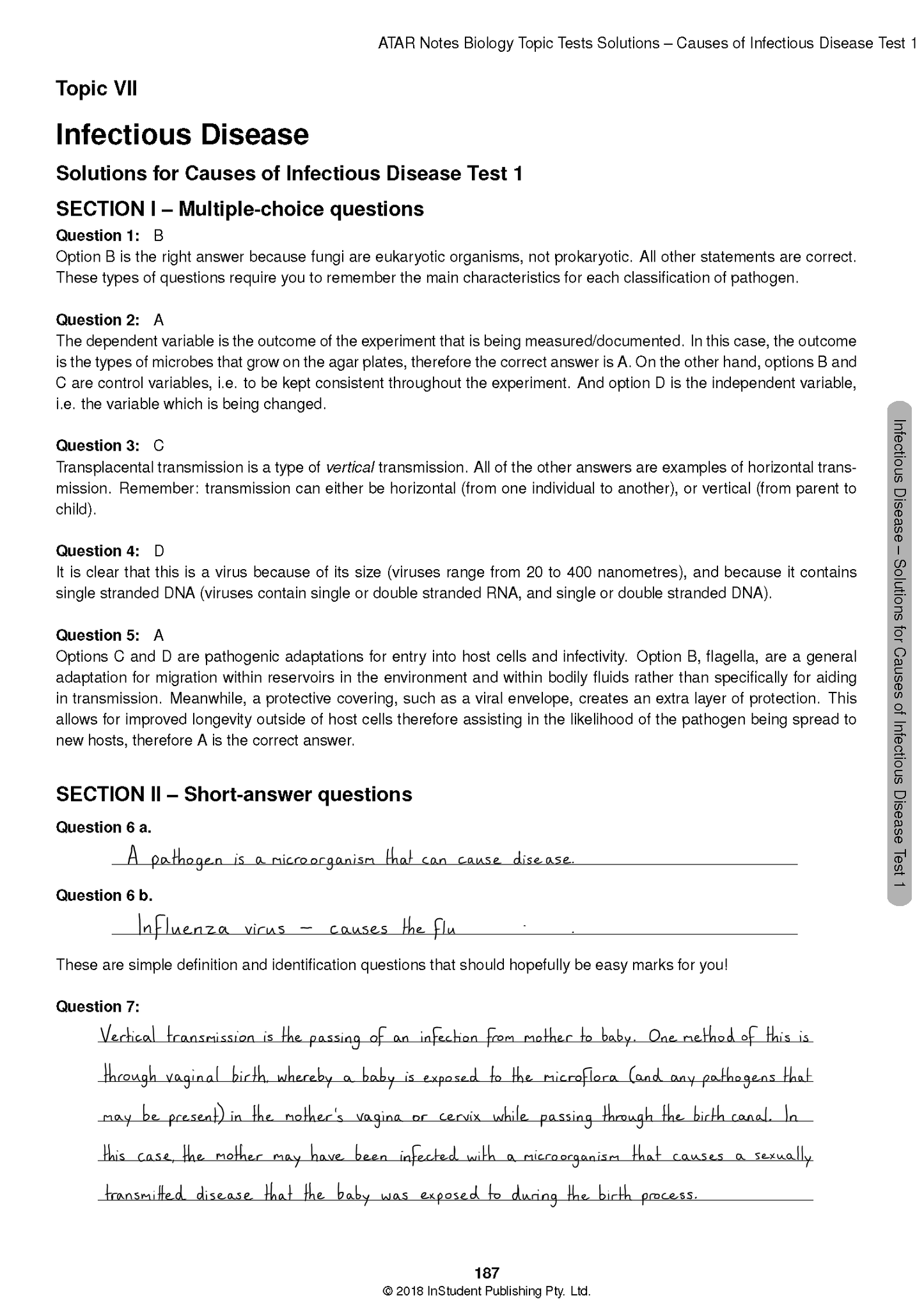 HSC Year 12 Biology Topic Tests by ATAR Notes, displaying a page of Infectious Disease solutions with handwritten answers.