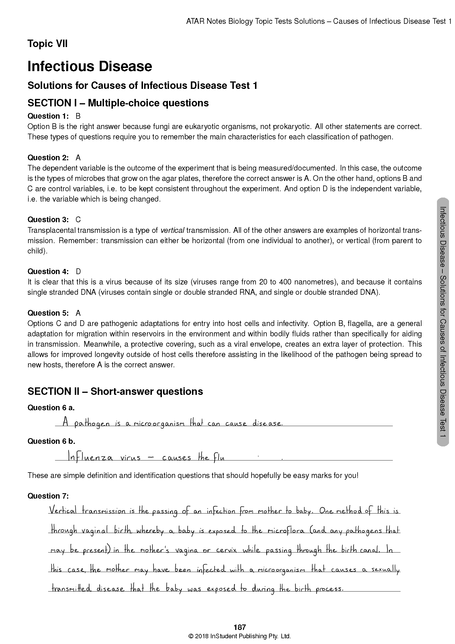 HSC Year 12 Biology Topic Tests by ATAR Notes, displaying a page of Infectious Disease solutions with handwritten answers.