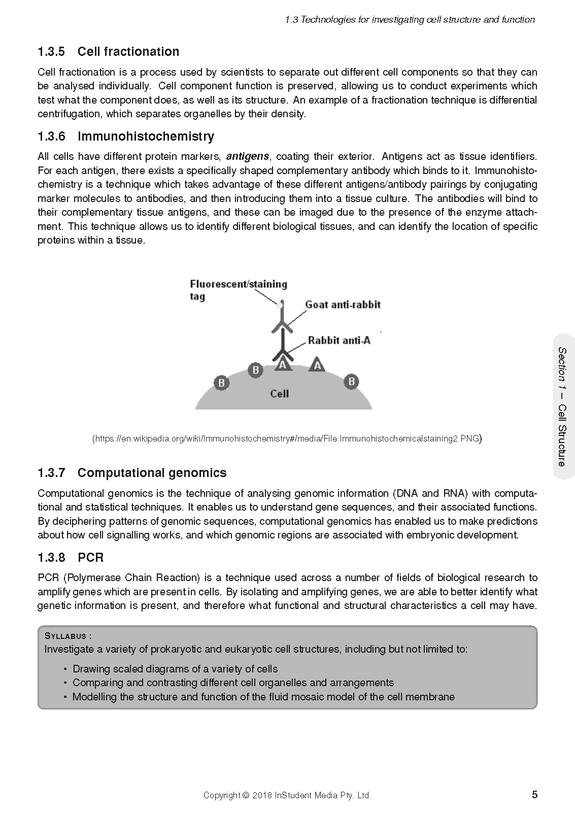 HSC Year 11 Biology Complete Course Notes by ATAR Notes, displaying a page with text, headings, and an immunohistochemistry diagram.