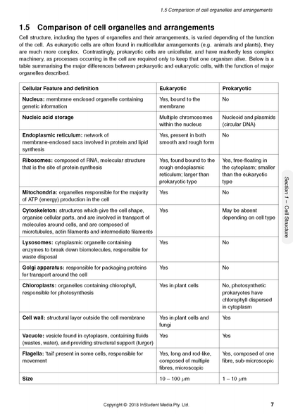 HSC Biology Course Notes page by ATAR Notes, displaying a table comparing eukaryotic and prokaryotic cells.