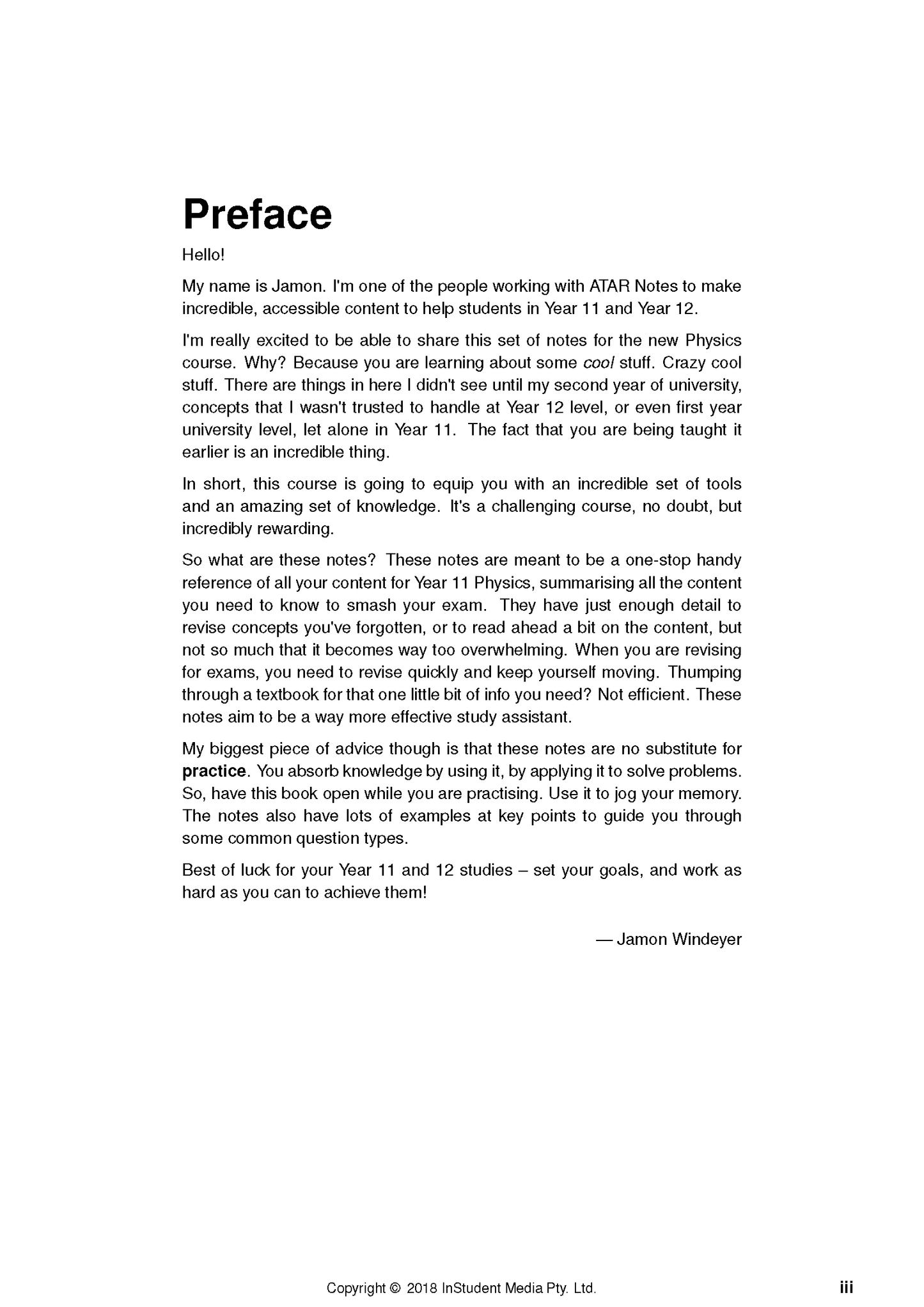 White page of Physics course notes by ATAR Notes, displaying the 'Preface' section, signature, and copyright.