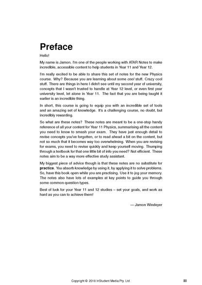 White page of Physics course notes by ATAR Notes, displaying the 'Preface' section, signature, and copyright.