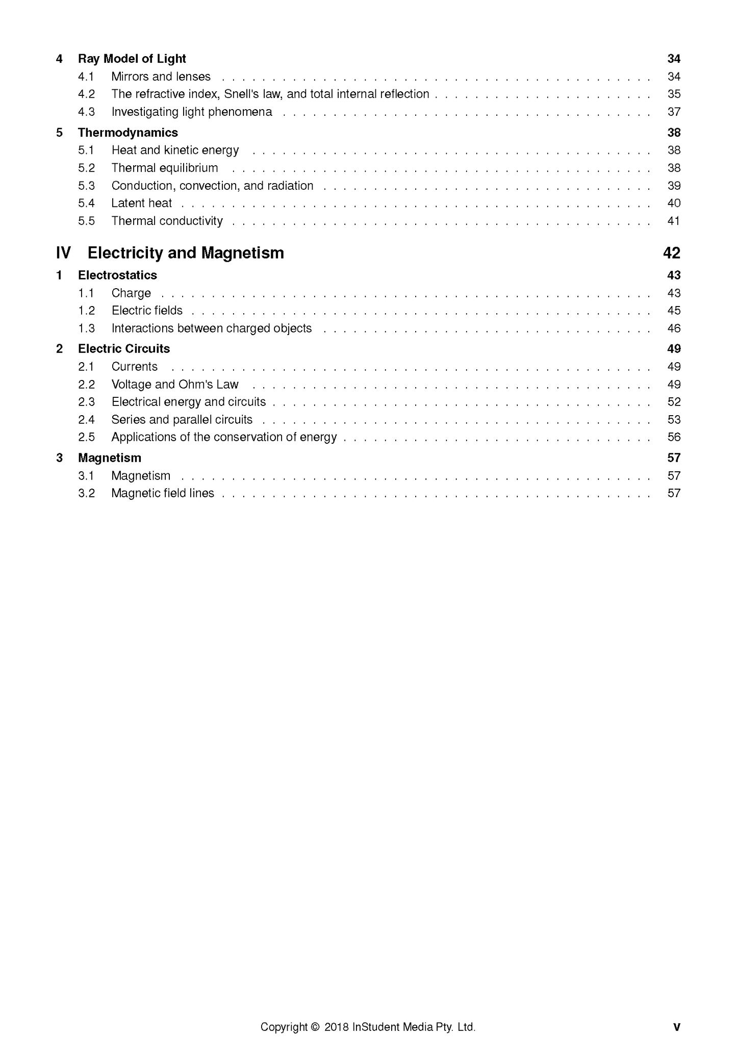 Physics course notes by ATAR Notes, displaying a table of contents page with chapter titles and page numbers.