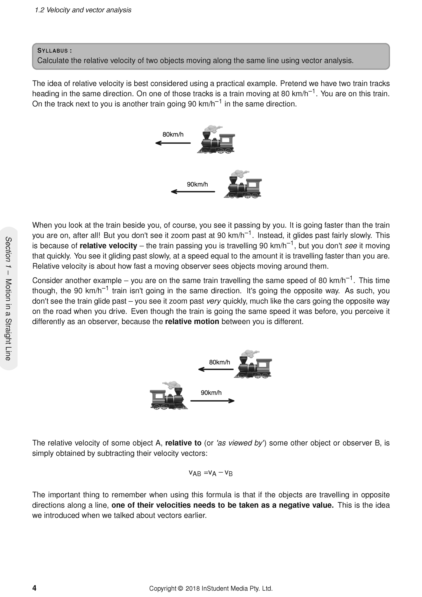 HSC Year 11 Physics Complete Course Notes by ATAR Notes, displaying a page about velocity and vector analysis with train illustrations.
