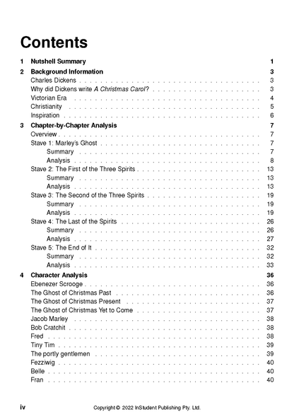 Text Guide with a detailed table of contents on a white page for 'A Christmas Carol'.